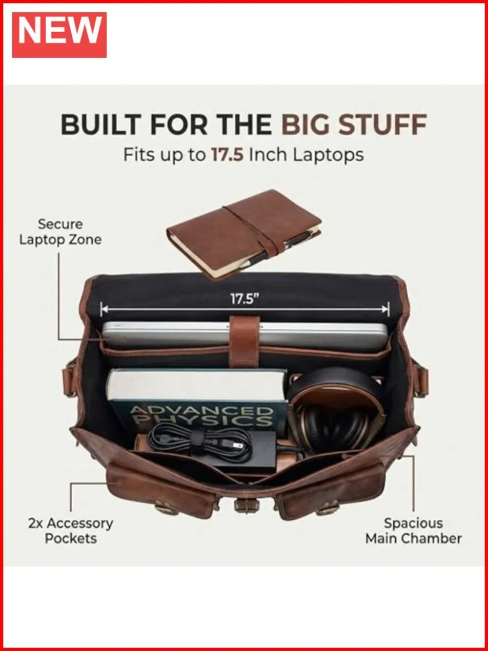 Handmade Full Grain Leather Messenger Bag for Men 18 Inch Laptop Crossbody